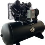 Front angle of Industrial Gold horizontal air compressor, featuring a dual-cylinder pump, electric motor, and heavy-duty steel tank with brand emblem. Get it at Wrenchers.com