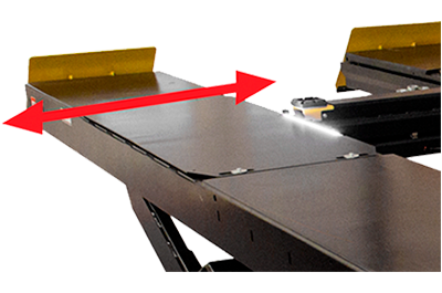 EELR789APKG alignment scissor lift featuring ultra-wide runways with adjustable track width and high-visibility yellow end caps