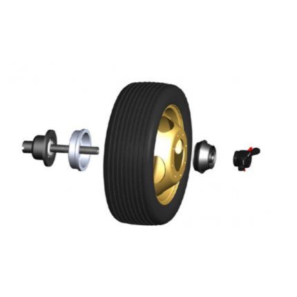Exploded 3D diagram of the Haweka 150-400-091 light truck cone kit with metal spacer, showing the wheel balancing setup with cone adapters, spacer, and locking mechanism positioned around a gold wheel and black tire assembly. Get it at Wrenchers.com.