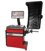 Coats 1500 wheel balancer shown with protective hood raised and control panel visible