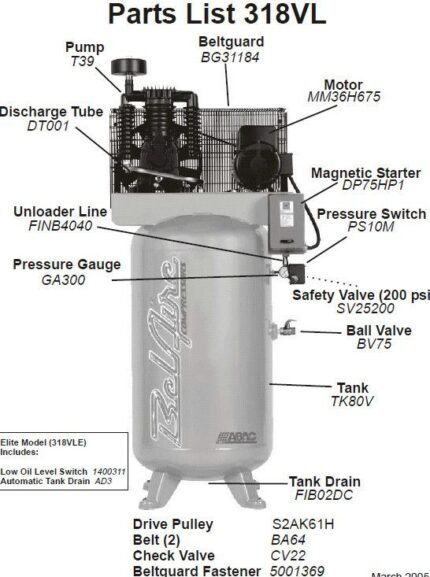 Labeled parts diagram of a 318VLE vertical air compressor showing pump, motor, belt guard, pressure switch, magnetic starter, safety valve, pressure gauge, tank, drain, and associated hoses and fittings