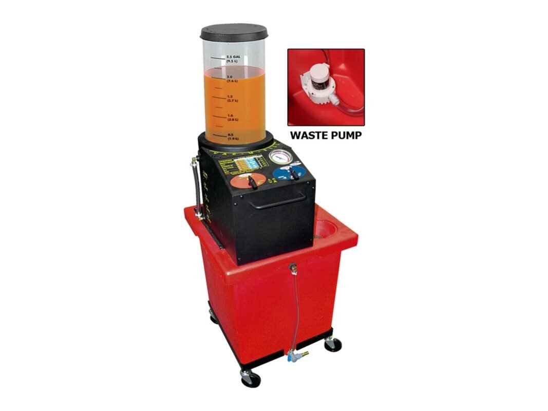 Automotive fluid exchanger with a tall transparent measuring cylinder, control panel, waste-fluid reservoir on a wheeled base, and an inset showing the built-in waste pump