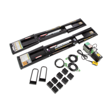 Complete package view of the QuickJack 6000TL portable car lift including frames hoses blocks and power unit.