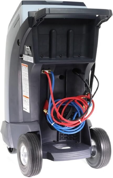 Rear view of the Robinair 34998 showing integrated hose storage, service connections, and durable wheels designed for mobility and efficiency in professional repair shops