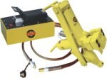 ESCO hydraulic bead breaker kit with foot-operated hydraulic pump, yellow steel bead breaker tool, high-pressure hoses, and quick-connect fittings