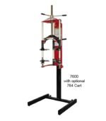 Full view of the Branick 7600 strut spring compressor mounted on the optional 764 cart, showing the vertical frame, compression screw, and adjustable arms