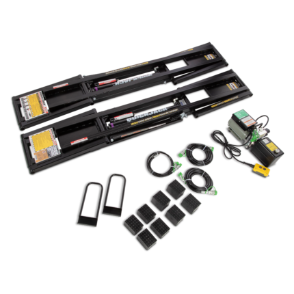 The QuickJack 8000TL complete package includes frames, hydraulic power unit, hoses, rubber blocks, and accessories for fast, reliable lifting of heavier vehicles.