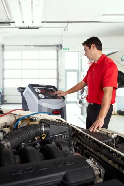 Technician using the Robinair AC1234-4 AC service machine in a repair shop while connected to a vehicle’s A/C system