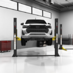 APEX AL9LC floorplate two post lift engineered for low ceiling height automotive shops. Ideal for cars and light trucks and available at