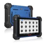 Autel MaxilM IM608Pro II Diagnostic Programming Tool 6010110 Front and back views of black and blue tablet and selection screen with camera and stand placement