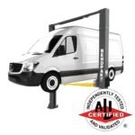 Lift tall cargo vans and full-size vehicles with confidence using the BendPak 10AP clearfloor two-post lift (SKU 5175305). Features 10,000 lb capacity, extended height, symmetric arms, and ALI certification for professional shops
