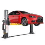 Front view of the BendPak 10AP-SRT two post lift highlighting durable columns and mid rise floorplate design.