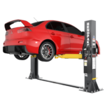 Angled view of the BendPak 10AP-SRT two post lift showcasing mid rise floorplate construction and 10,000 lb capacity.