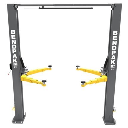 Front view of the BendPak 10AP medium duty two post car lift rated at 10000 lb capacity for daily service bay performance. 5175304