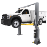 BendPak 20AP 2-post lift angled view, super duty 20,000 lb truck rating, commercial shop use, SKU 5175614.