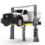 BendPak 20AP 2-post super duty lift raising 20,000 lb work truck, commercial shop strength, SKU 5175614.