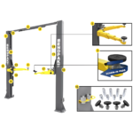 Feature callouts highlight the BendPak 10APX 181 two post lift components including reinforced columns, adjustable arms, and professional grade hardware for shop reliability. SKU 5175307