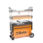 Beta Tools C27S-O folding tool trolley with extendable trays, showing its adjustable upper shelves and heavy-duty wheels for workshop mobility. Get it at Wrenchers.com.