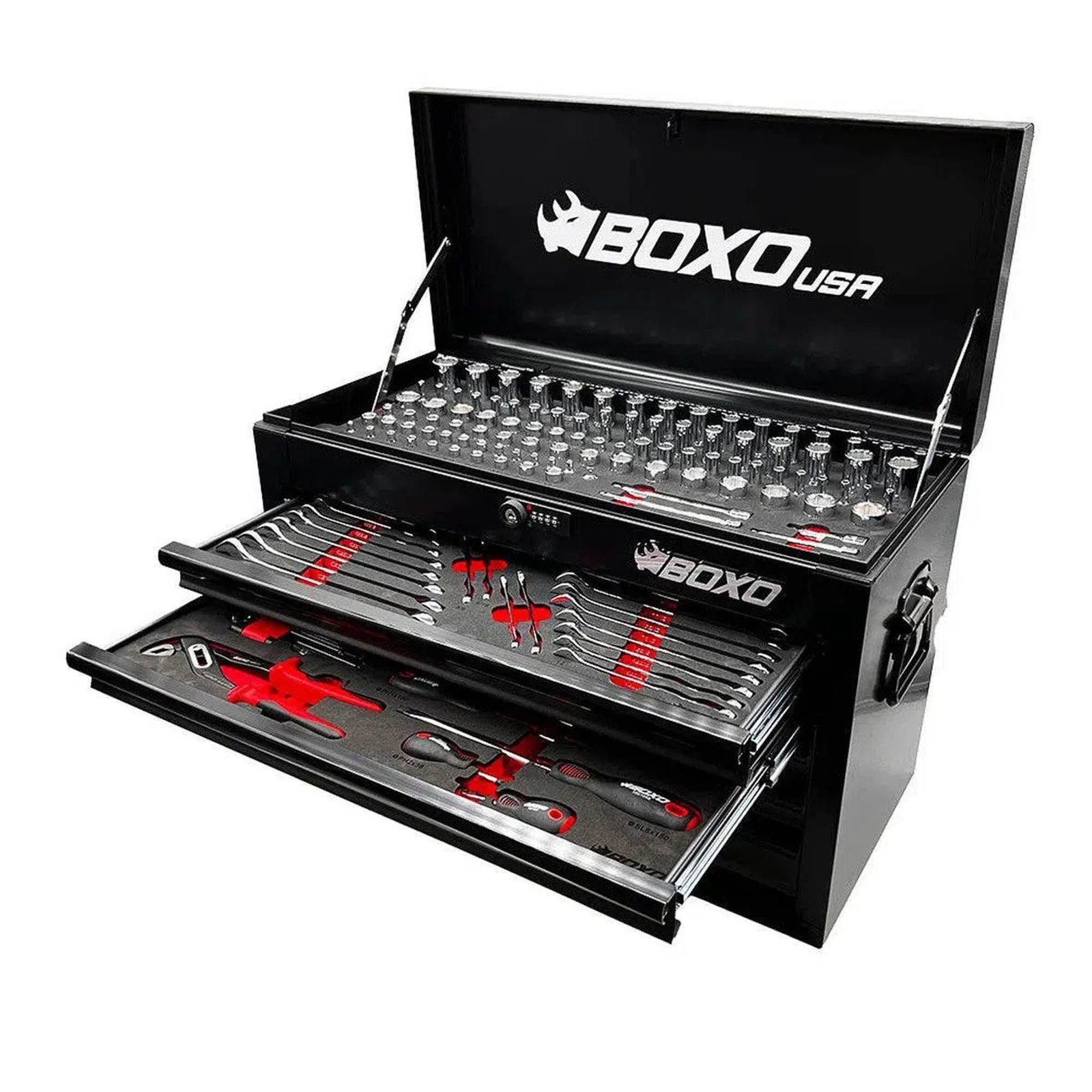 159-Piece Metric and SAE Combo 5-Drawer Hand Carry Tool Box BoxoUSA 159-piece metric and SAE tool set in 26-inch 5-drawer hand carry toolbox