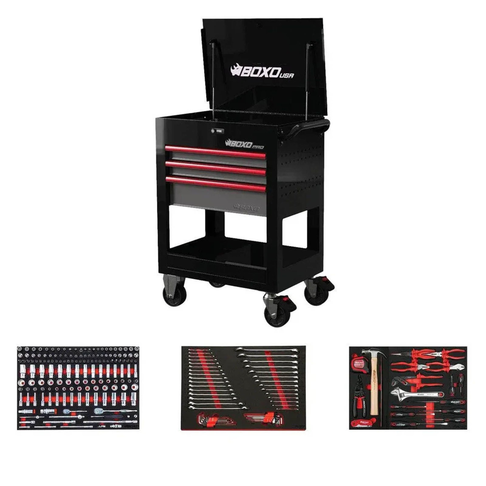 28" Service Cart,Bottom with Master Tool Set Boxo 28-inch 3-drawer flip top service cart with 222-piece master tool set - Wrenchers