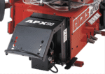 Coats APX90 tire changer wheel lift platform with APX90 branding, showing the metal loading ramp, support structure, and lower chassis area