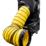 Cool Boss CB-16 evaporative cooler equipped with Ducting Kit (5150236). The yellow flexible duct connects securely to the air outlet to channel cool air into targeted workspaces and aircraft cabins