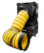 Cool Boss CB-16 evaporative cooler equipped with Ducting Kit (5150236). The yellow flexible duct connects securely to the air outlet to channel cool air into targeted workspaces and aircraft cabins