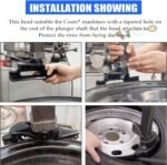 Step-by-step installation views of plastic tire changer duckhead mounted to plunger shaft on Coats machine
