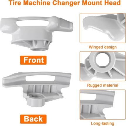 Front and back views of the TC184432 tire changer mount head with close-up callouts highlighting winged design, rugged material, and long-lasting construction