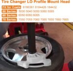 TC184432 low-profile mount head shown installed on a tire changer, with compatibility list for Coats 50-, 60-, and 70-series machines