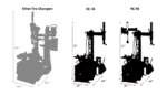 Outline diagram of a compact tire changer chassis showing three model variations, each with red arrows marking overall height, width, and depth measurements