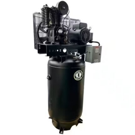 Angled view of Industrial Gold CI7521E80V stationary air compressor, showing the heavy-duty motor, cooling fins, and 80-gallon vertical tank. Get it at Wrenchers.com