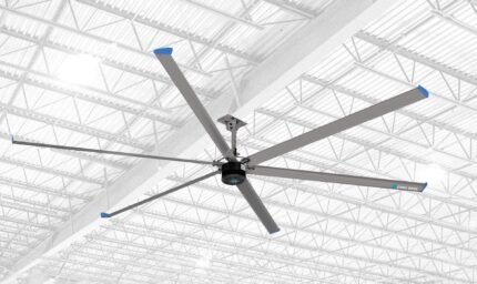 Rendered view of the Cool Boss CB-16 HVLS fan suspended in a large warehouse ceiling, highlighting its six-blade design and wide air coverage