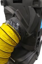 Close-up detail of the CoolBoss evaporative cooler with the optional yellow flexible ducting kit mounted to the rear air outlet for directional airflow management
