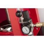 Close-up of the RP-20HD’s air pressure regulator and gauge, showing precise operating pressure control on the heavy-duty Ranger oil filter and paint can crusher