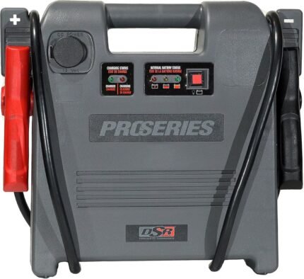 DSR ProSeries DSR119 jump starter and portable power station, showing the gray housing with integrated cables, status indicators, and a 12V DC power outlet. Get it at Wrenchers.com