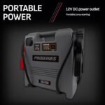 DSR ProSeries DSR119 jump starter displayed against a dark background, featuring bold “Portable Power” text and 12V DC power outlet callout. Get it at Wrenchers.com