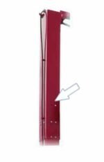 Red lift column with an arrow pointing to the factory-drilled hole used for routing cables inside the post