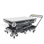 Angled hero view of the BendPak EVS3000 EV battery lift table (SKU 5175611), showcasing its wide platform, rolling base, and rugged scissor design built for modern electric vehicle service