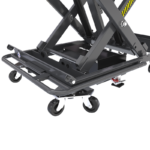 Stowed handle configuration on the BendPak EVS4500 mobile scissor lift for compact storage and safe maneuvering around the shop floor.