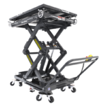 BendPak EVS4500 mobile scissor lift hero shot showing the raised heavy duty platform, integrated casters, and handle for EV battery service and component handling. EVS4500