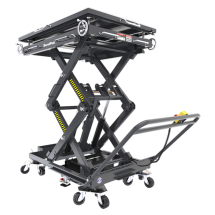 BendPak EVS4500 mobile scissor lift hero shot showing the raised heavy duty platform, integrated casters, and handle for EV battery service and component handling. EVS4500
