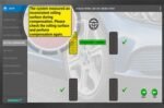 Wheel aligner interface displaying a yellow warning that the system detected inconsistent rolling surface during compensation, with a diagram of four tires and green check marks