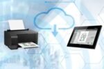 Graphic showing wheel alignment reports being sent to the cloud and printed or accessed from a tablet device.