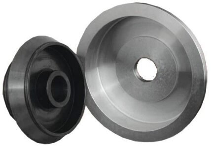 Close-up of Haweka truck wheel balancing cone kit with black rubber cone and machined metal spacer