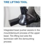 Integrated tire lifting tool with bead pusher assisting upper bead mount and demount operations
