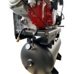 Rear angle of Industrial Gold CI3GEH30 air compressor, focusing on the Honda GX engine, pressure gauge, and tank fittings. Get it at Wrenchers.com