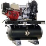 Industrial Gold CI3GEH30 gas-powered air compressor, featuring a Honda GX engine and cast-iron pump mounted on a black horizontal tank. Get it at Wrenchers.com