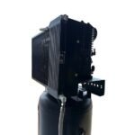 Side view of Industrial Gold CI7523E80V vertical air compressor, highlighting the pump assembly, cooling fins, and braided steel lines. Get it at Wrenchers.com