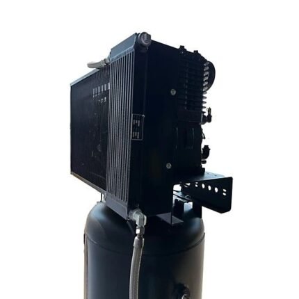 Side view of Industrial Gold CI7523E80V vertical air compressor, highlighting the pump assembly, cooling fins, and braided steel lines. Get it at Wrenchers.com